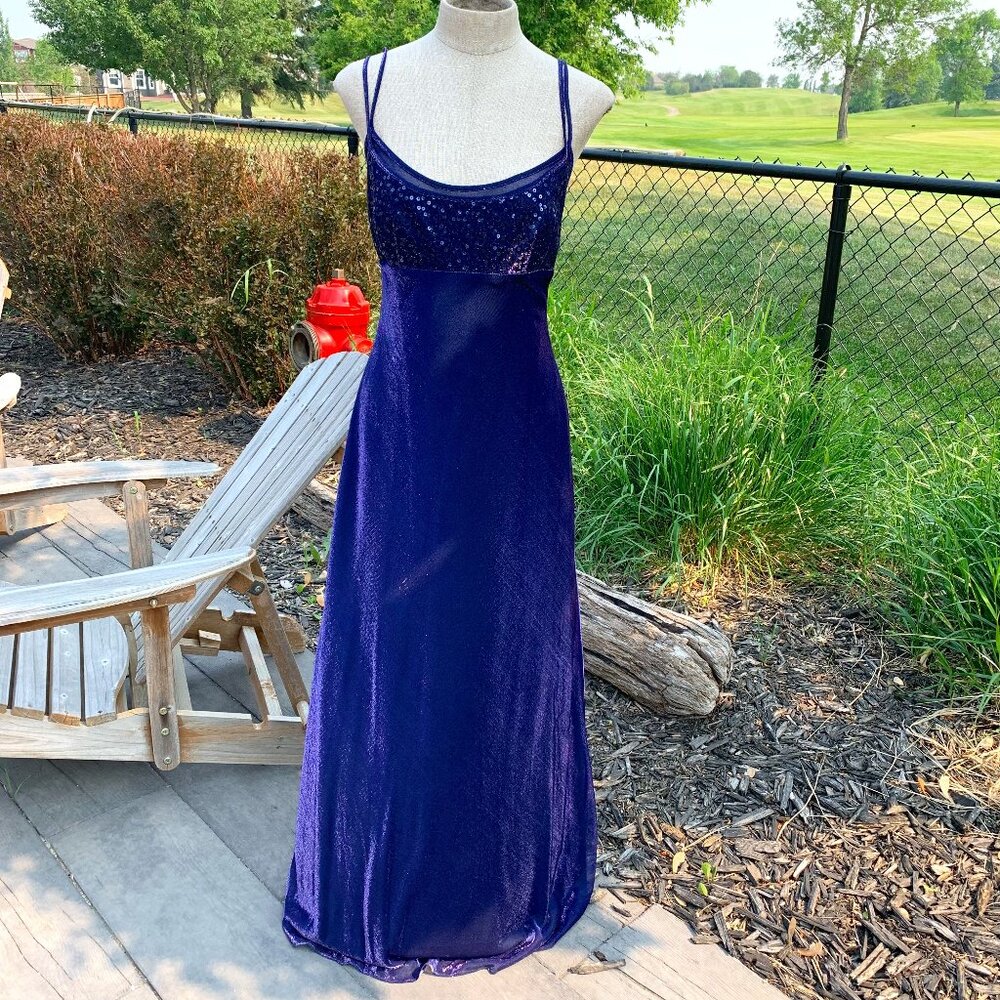 Vintage 90s Y2K Morgan & Co Purple Iridescent Maxi Prom Dress Evening Gown